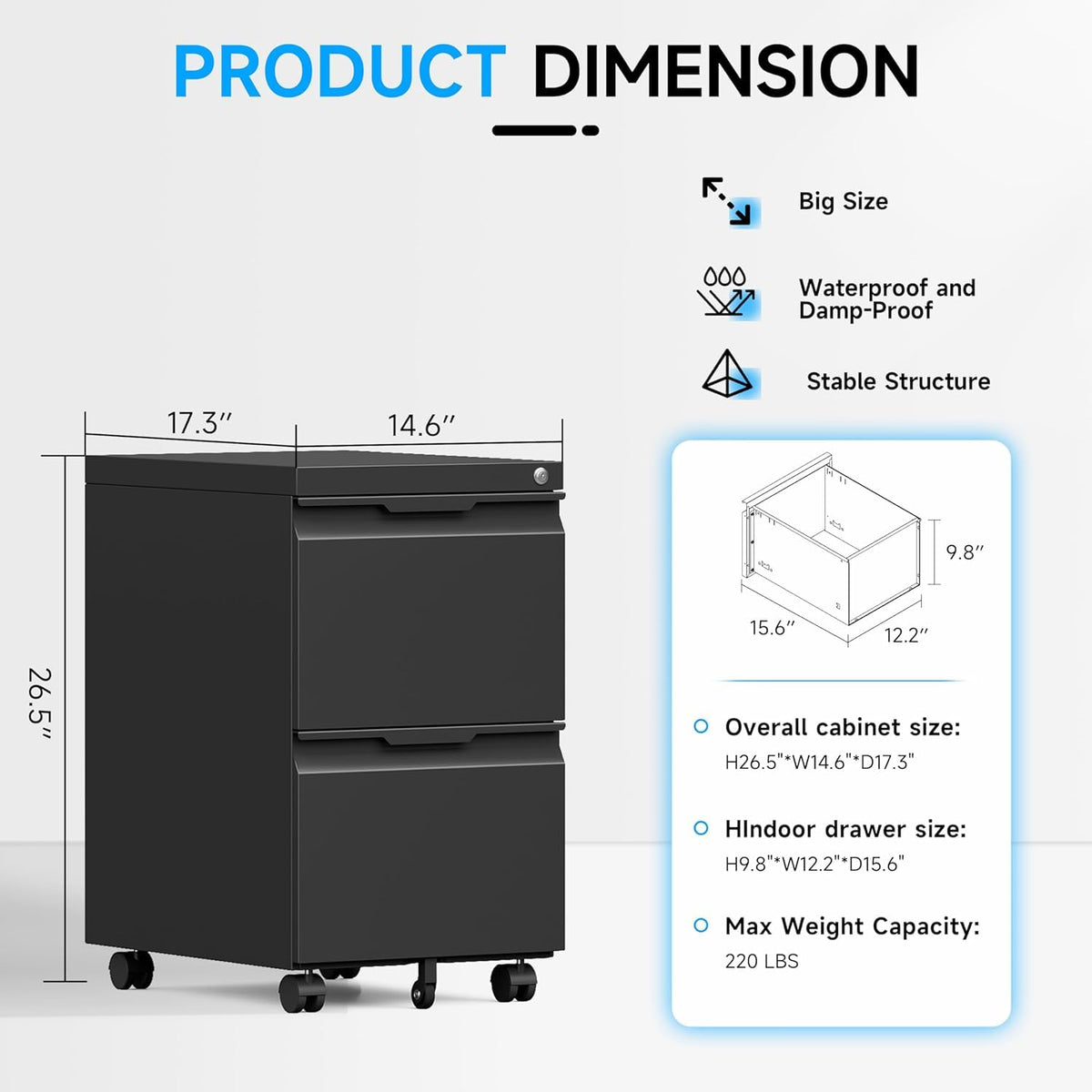 2 Drawer Mobile File Cabinet with Lock X914225