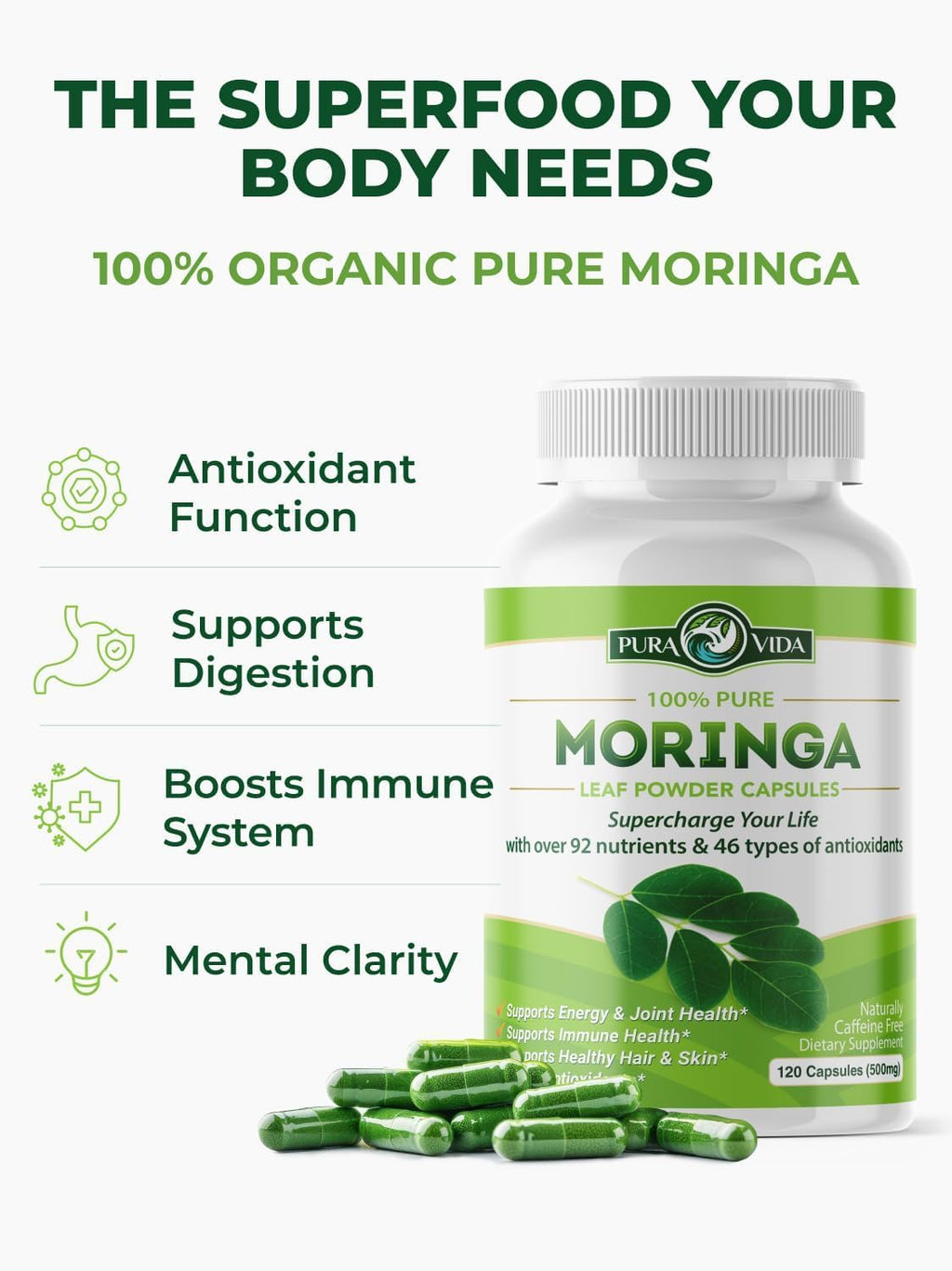 Organic Moringa Capsules 500mg 120ct Pack of 2 X1820