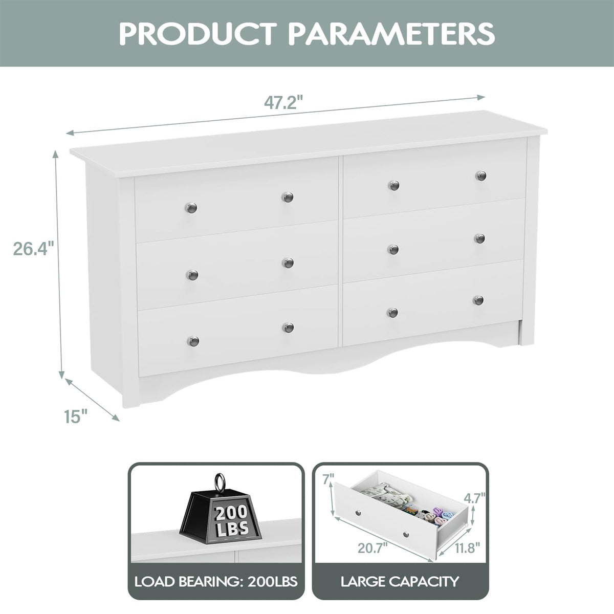 White 6 Drawer Wood Dresser Y291