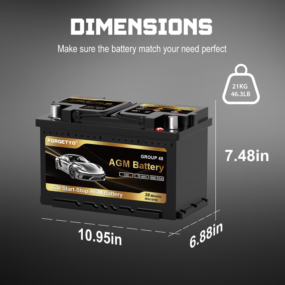 Group Size 48 AGM Car Battery, 12V 70 AH, 800 CCA E512