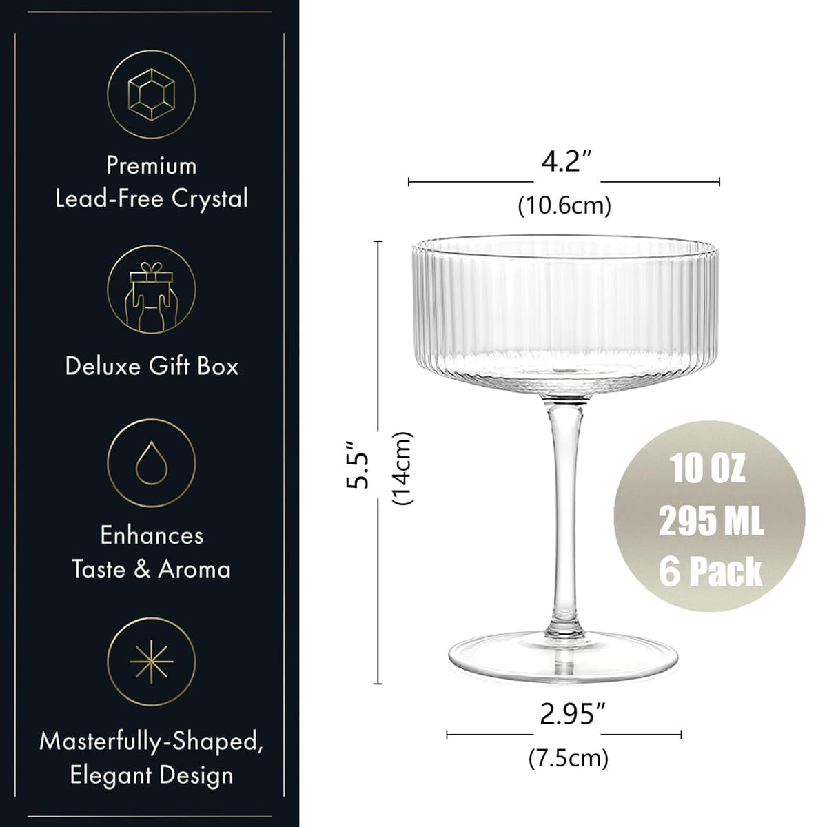 6 Pcs 10 oz Ribbed Coupe Glasses Set W6268