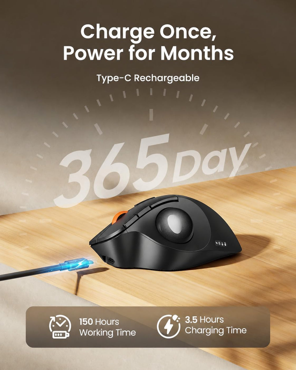 Wireless Trackball Mouse, Adjustable Angle, Gray N53796