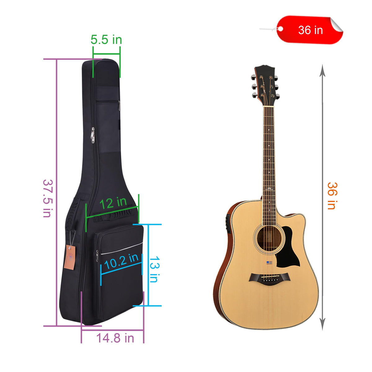 36 Inch Acoustic Guitar Case Soft Padded Gig Bag U929856