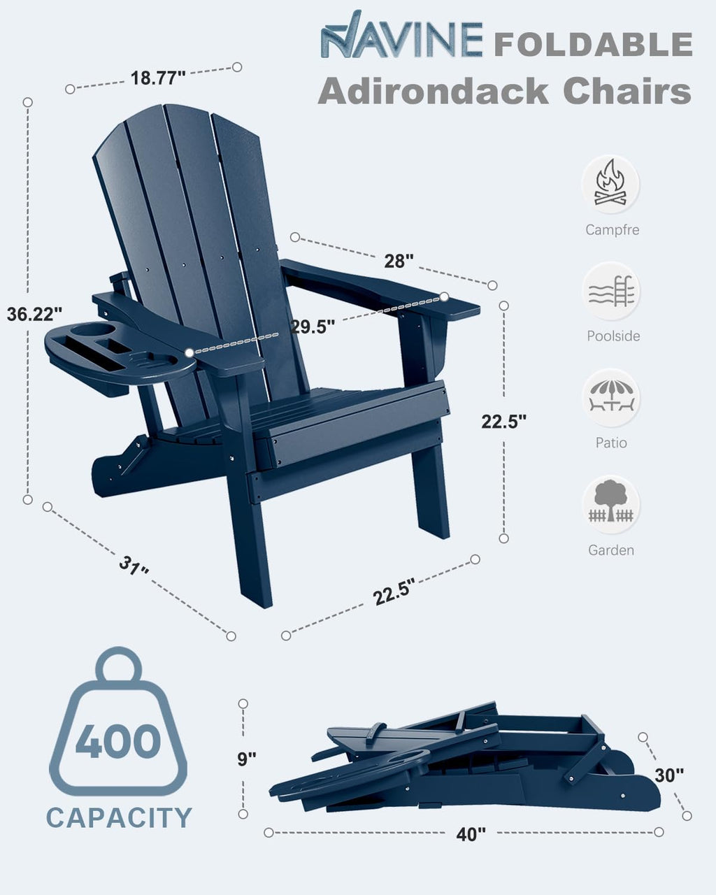 Folding Adirondack Chairs Set of 2 Navy Blue I924107