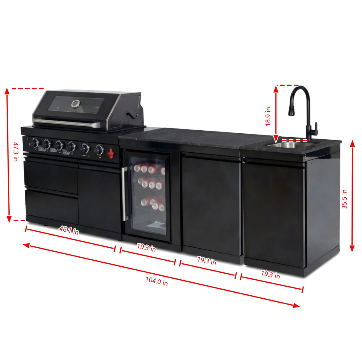 104" Modular Outdoor Kitchen Island with 4-Burner Propane Grill, Refrigerator, Sink, Storage Cabinets, and Granite Countertop W225