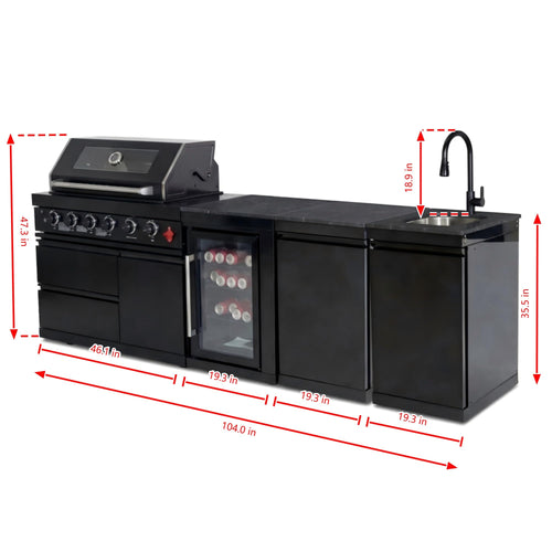 104" Modular Outdoor Kitchen Island with 4-Burner Propane Grill, Refrigerator, Sink, Storage Cabinets, and Granite Countertop W225
