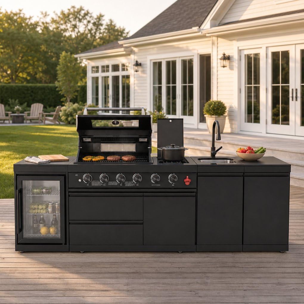 104" Modular Outdoor Kitchen Island with 4-Burner Propane Grill, Refrigerator, Sink, Storage Cabinets, and Granite Countertop W225