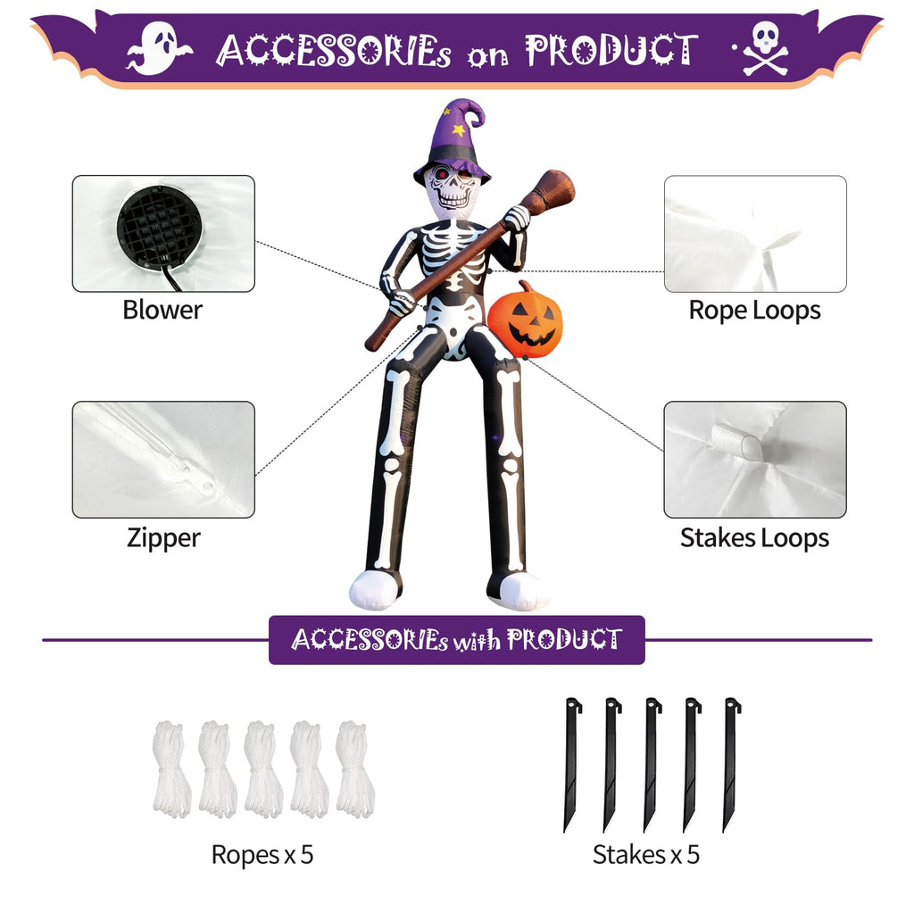 12 FT Halloween Inflatable Skeleton Wizard with Broom & Pumpkin B43903