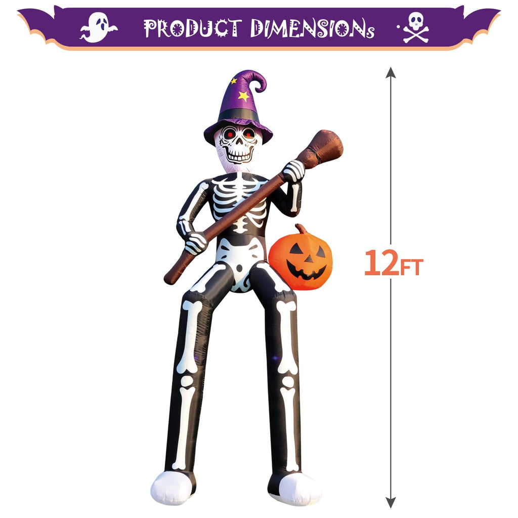 12 FT Halloween Inflatable Skeleton Wizard with Broom & Pumpkin B43903