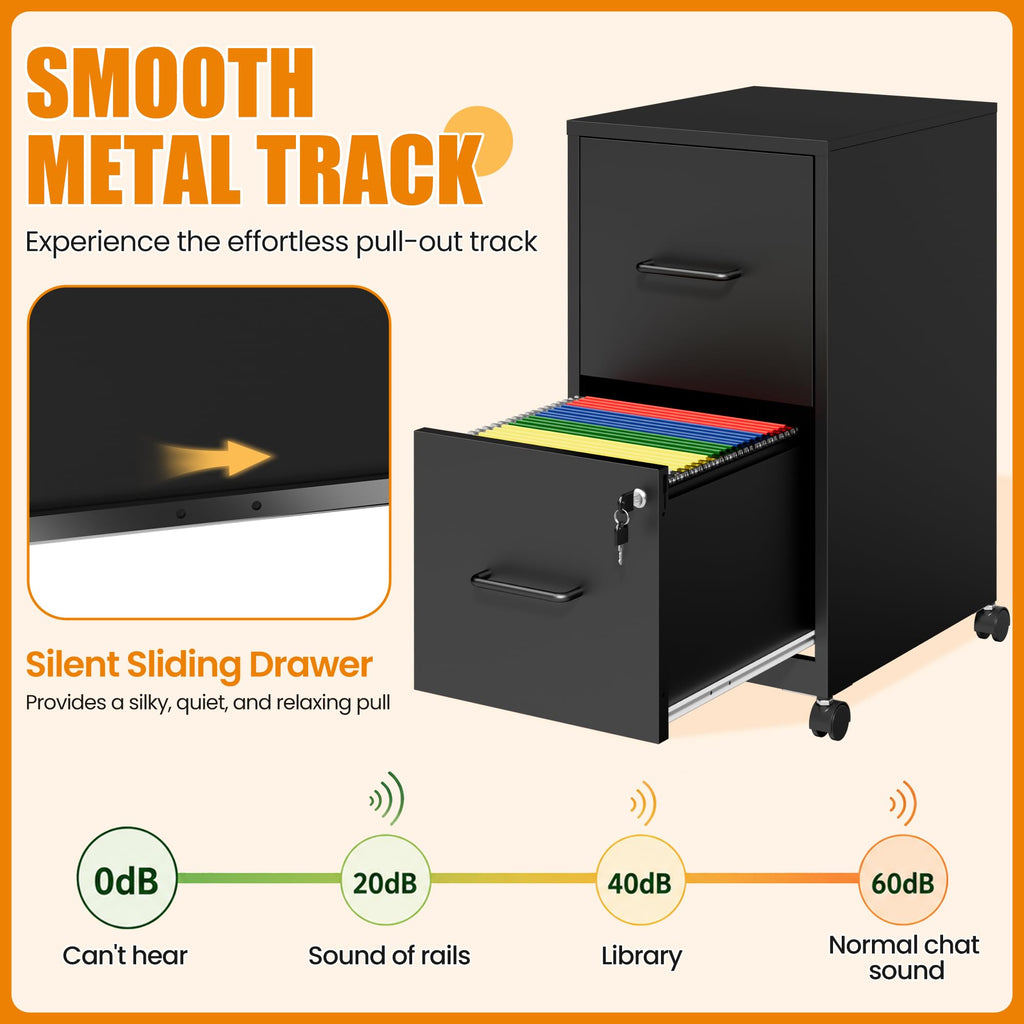 Black 2 Drawer Metal File Cabinet with Wheels and Lock P362045