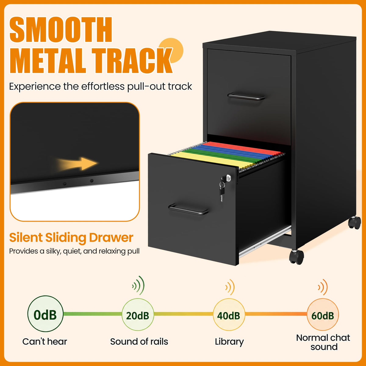 Black 2 Drawer Metal File Cabinet with Wheels and Lock P362045