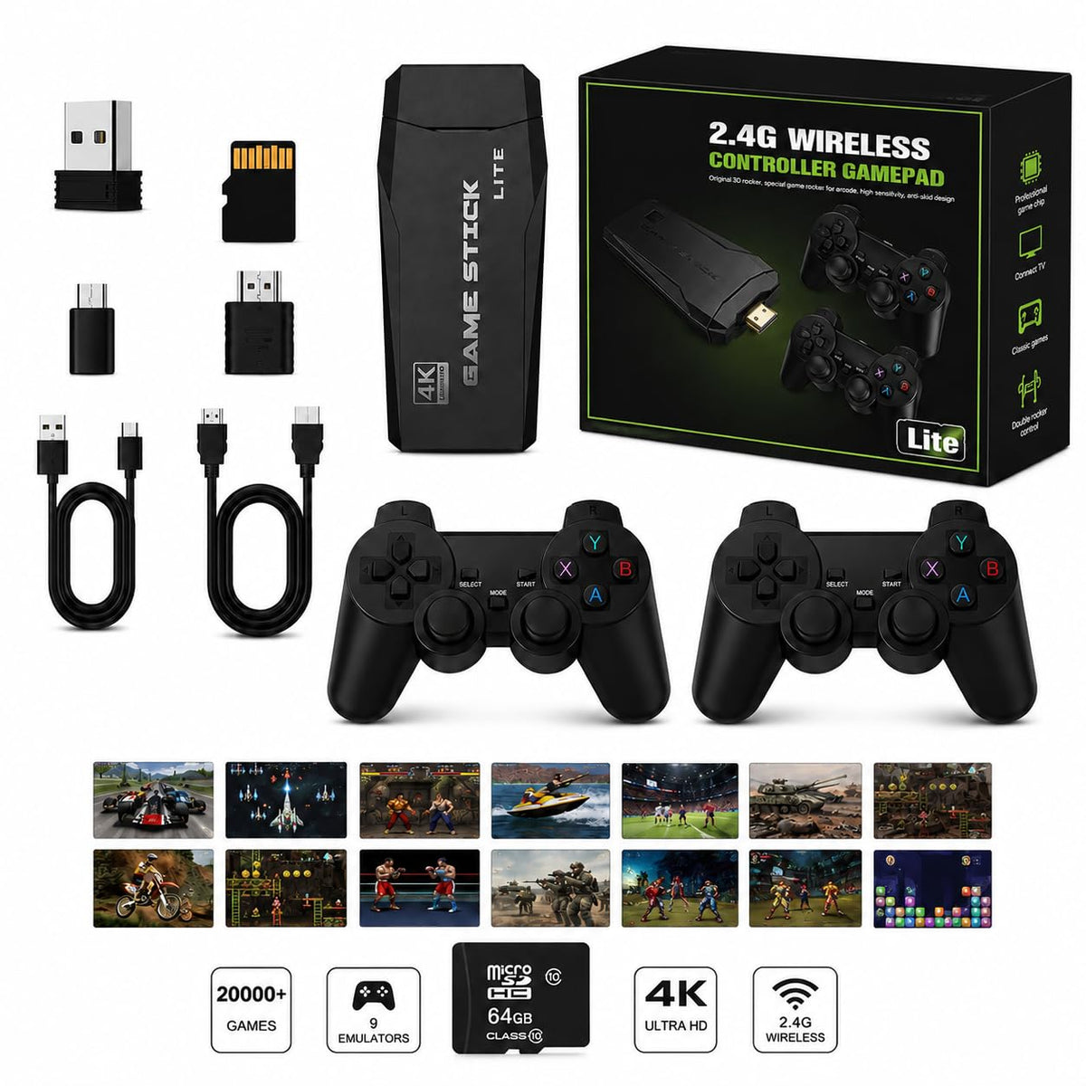 Wireless Retro Game Console Stick with 2.4G Controllers, 4K HDMI, 32G S722