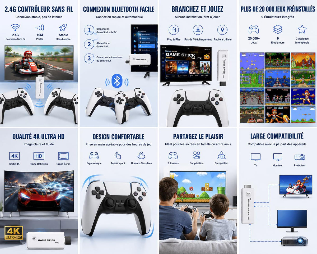 Wireless Retro Game Console Stick with 2.4G Controllers, 4K HDMI, 32G S722