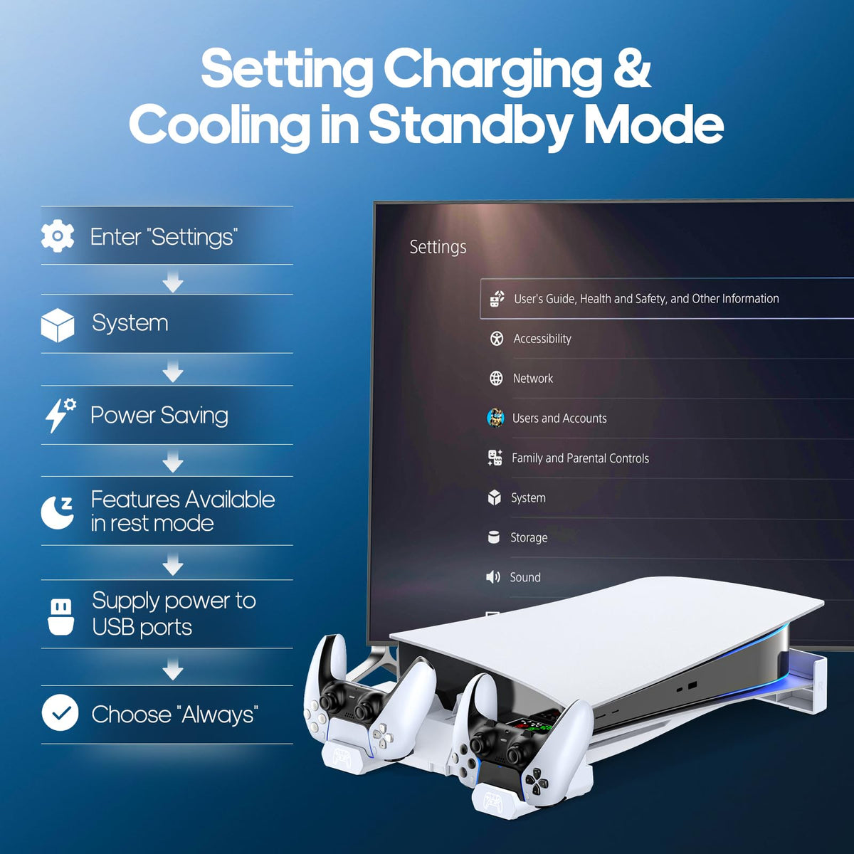 PS5 Horizontal Stand and Cooling Station with Controller Charging Station M591318