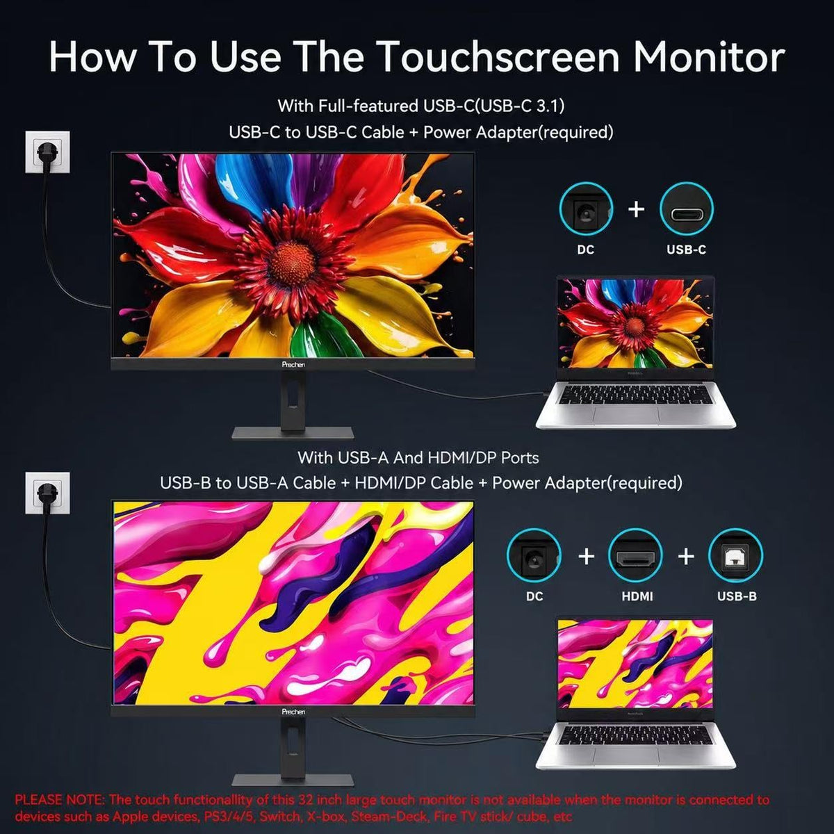 32 Inch 4K Touch Monitor, 144Hz UHD 3840x2160 Touchscreen, HDMI 2.1 & DP 1.4 & Type-C, HDR 400, Height-Adjustable Stand VESA Mountable J7807
