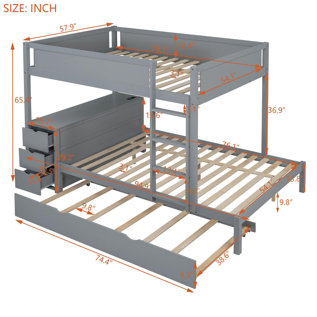 Gray Wood Full Over Full Bunk Bed with Twin Trundle Z381