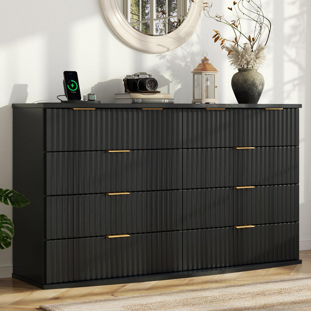 Black 8 Drawer Fluted Wood Dresser with Power Outlet K18676