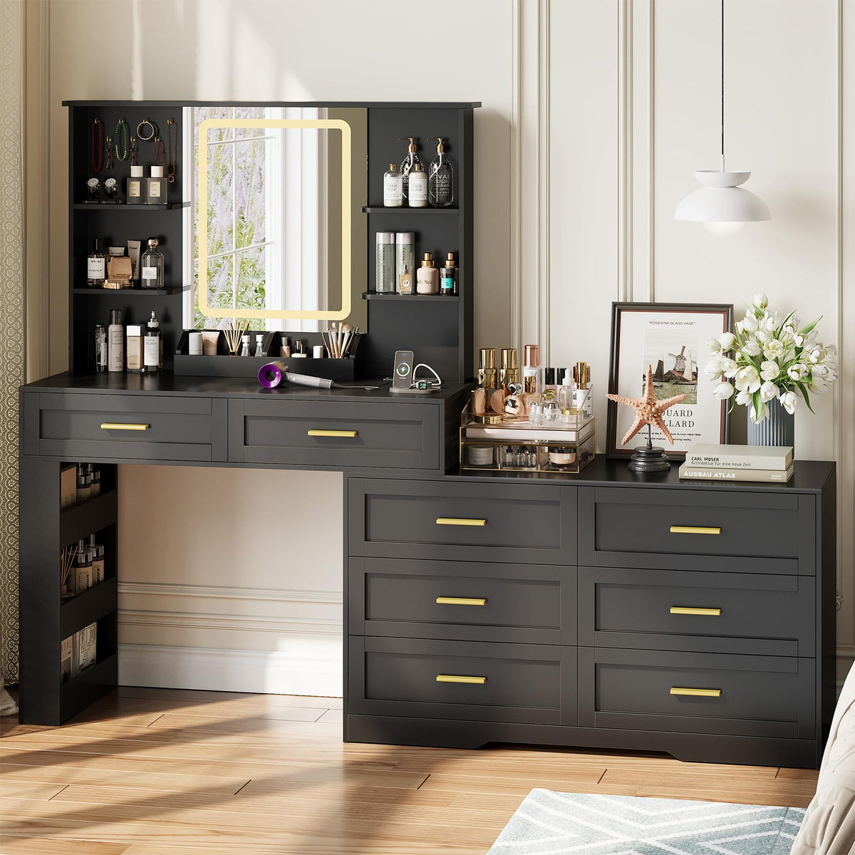 Black Makeup Vanity Desk with Mirror and Lights S33877