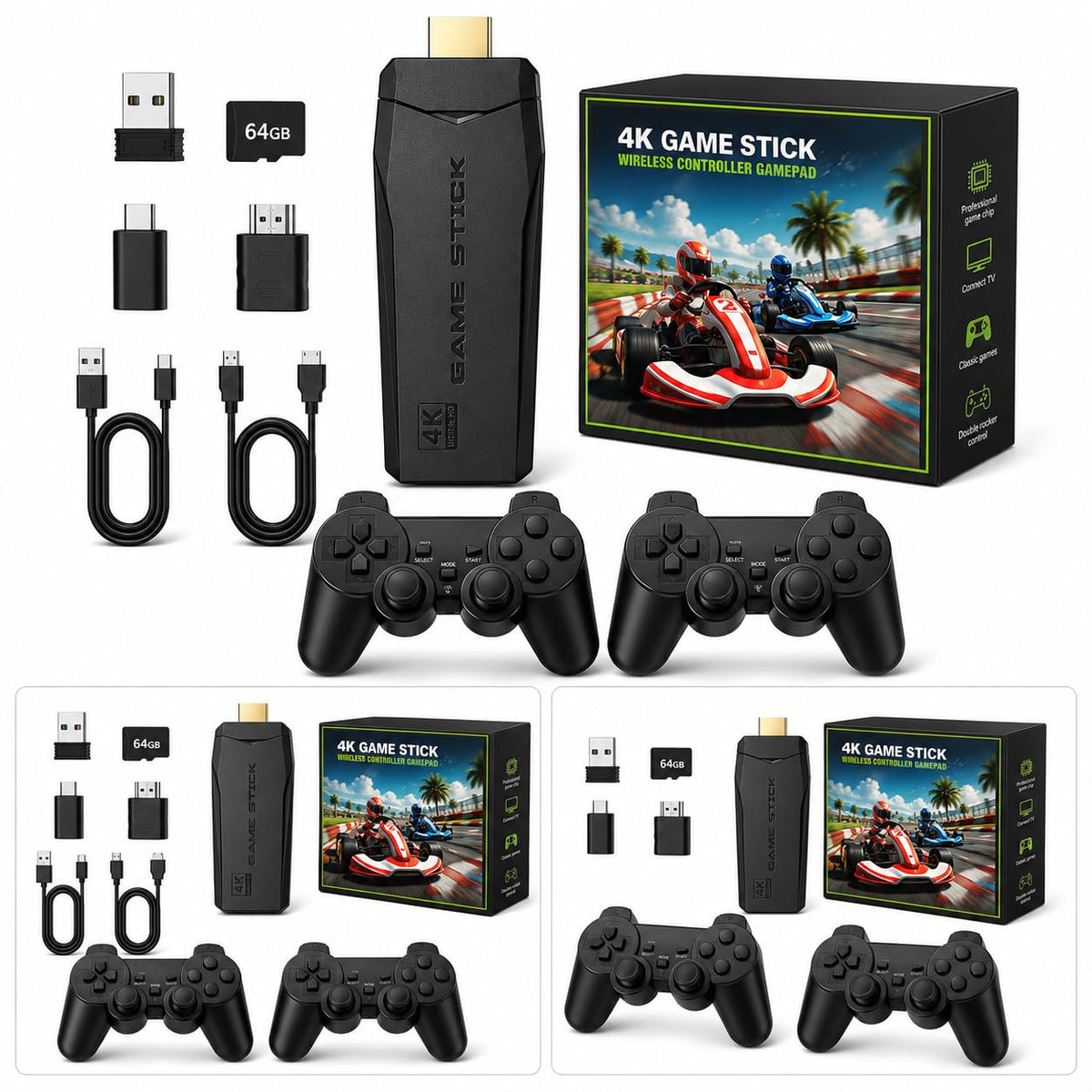Wireless Retro Game Console Stick with 2.4G Controllers, 4K HDMI, 32G S722
