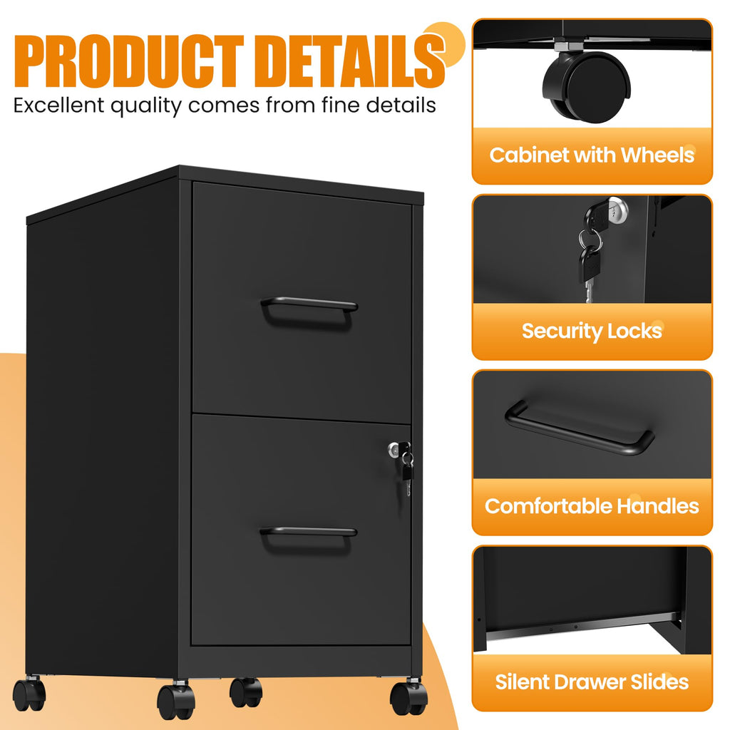 Black 2 Drawer Metal File Cabinet with Wheels and Lock P362045
