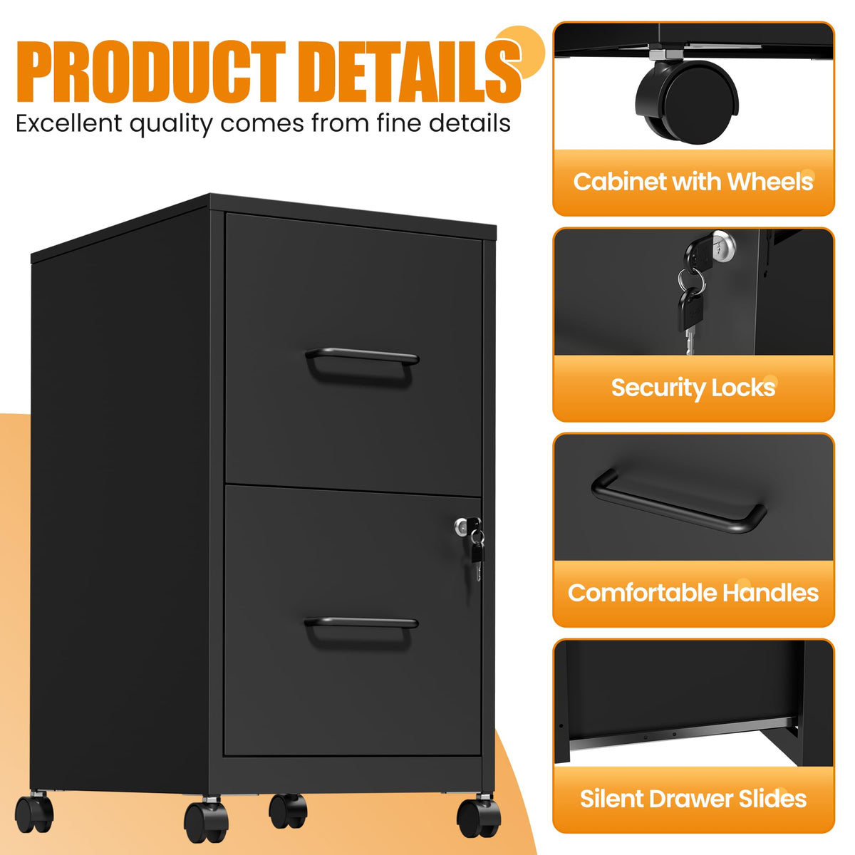 Black 2 Drawer Metal File Cabinet with Wheels and Lock P362045