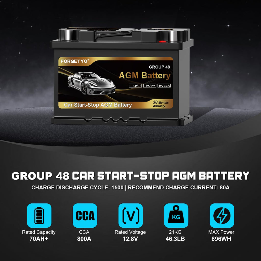 Group Size 48 AGM Car Battery, 12V 70 AH, 800 CCA E512
