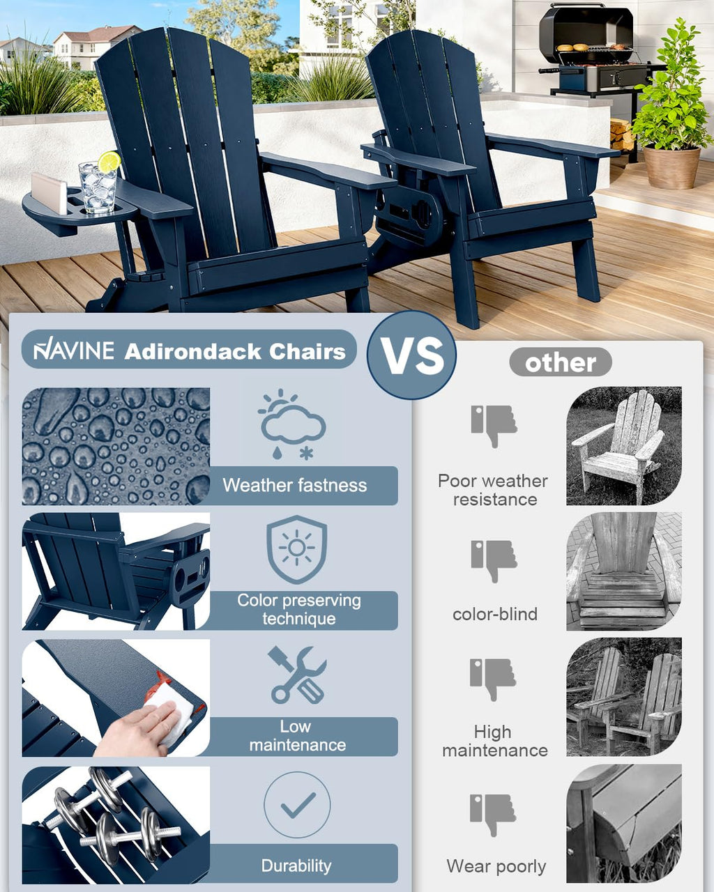 Folding Adirondack Chairs Set of 2 Navy Blue I924107