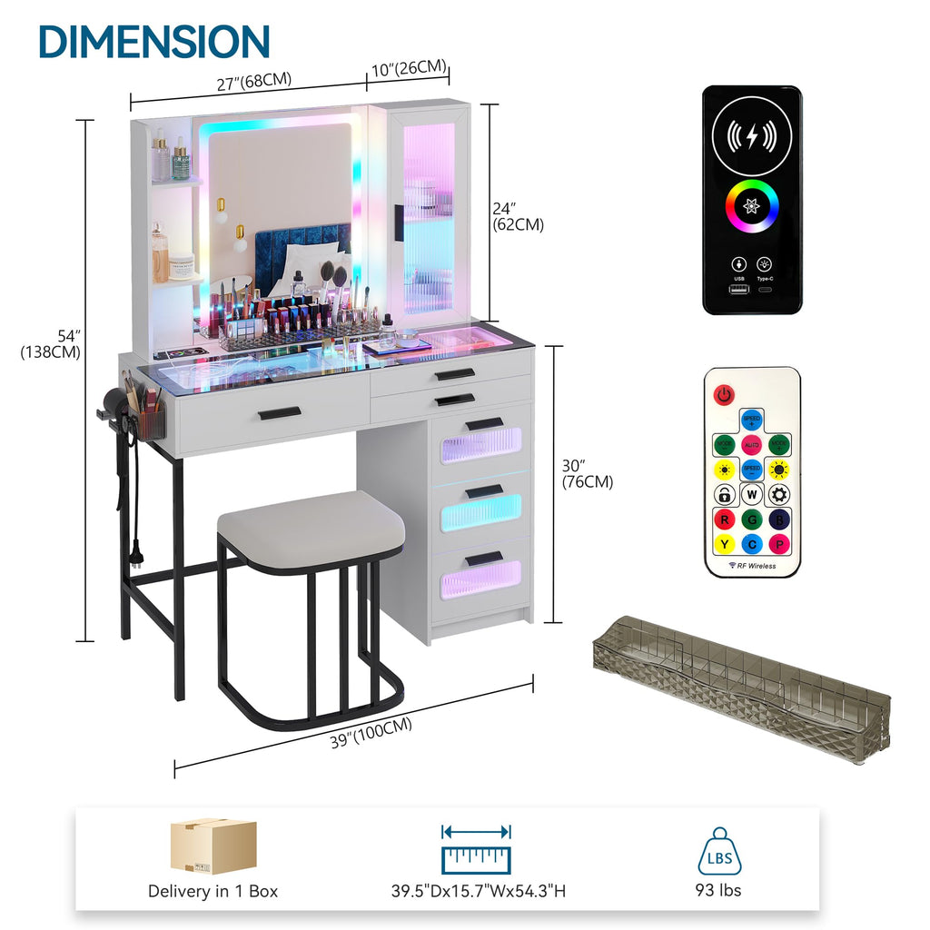 White Vanity Desk with Lighted Mirror and 6 Drawers B5634