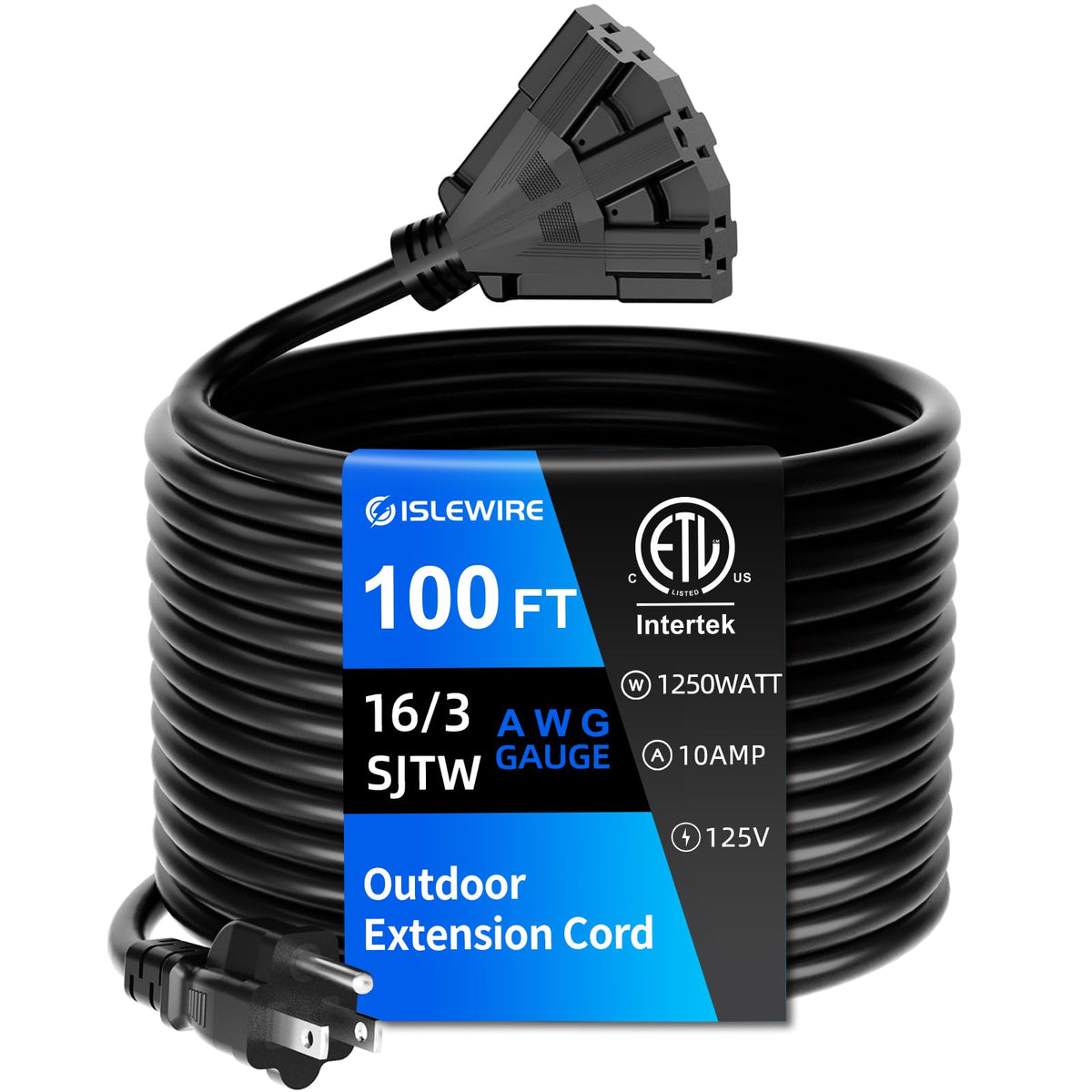 100 FT 3 Outlet Outdoor Extension Cord Waterproof 16/3 SJTW Black N820733