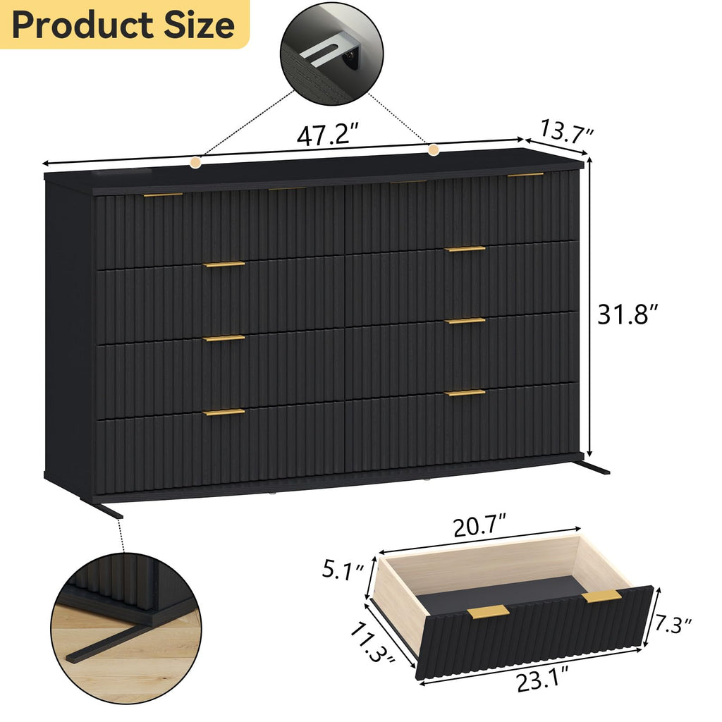 Black 8 Drawer Fluted Wood Dresser with Power Outlet K18676