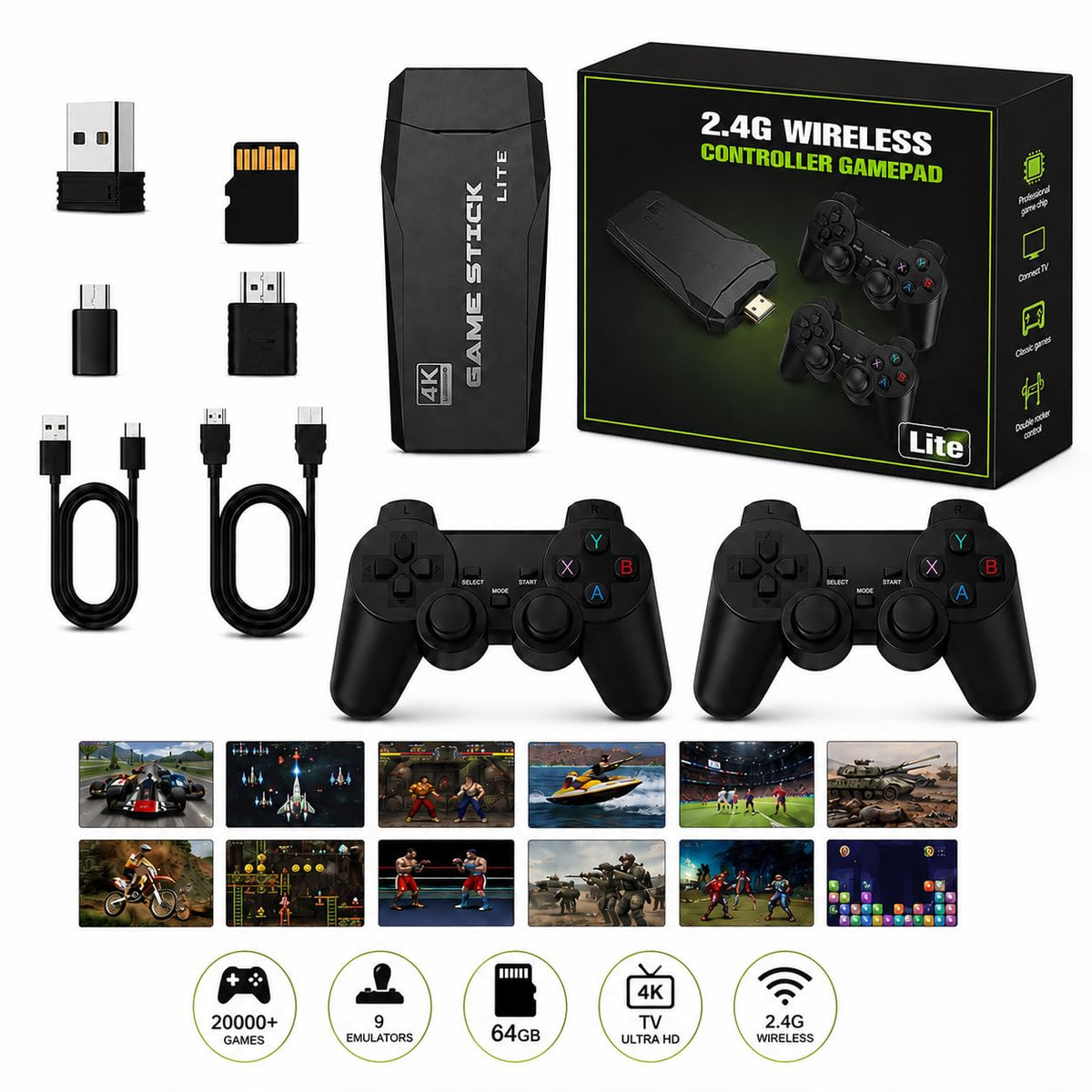 Wireless Retro Game Console Stick with 2.4G Controllers, 4K HDMI, 32G S722