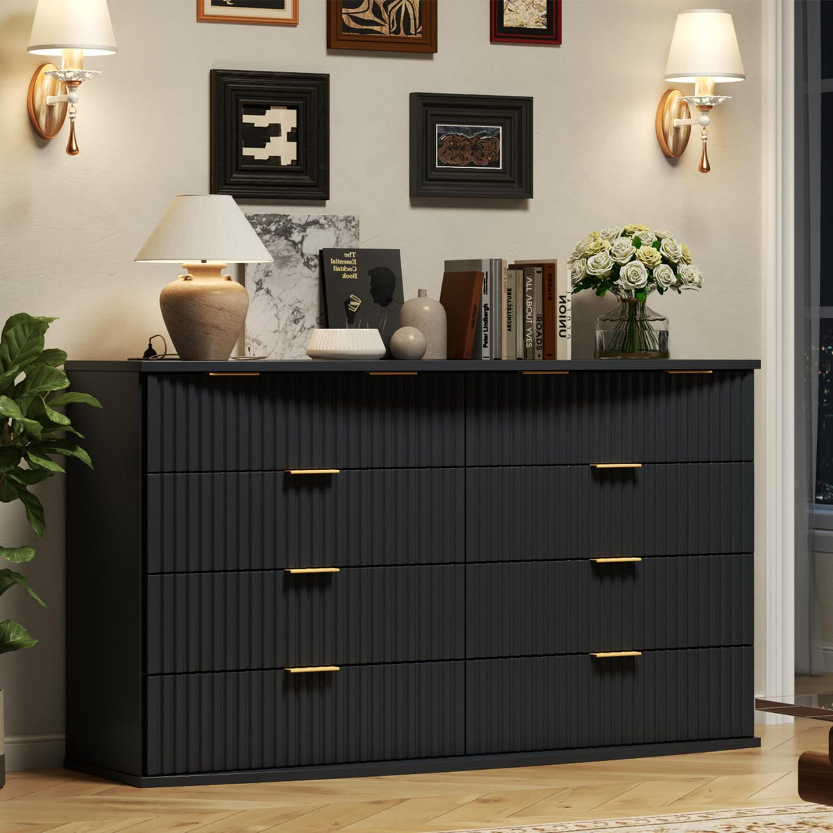 Black 8 Drawer Fluted Wood Dresser with Power Outlet K18676