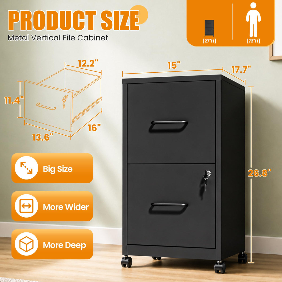 Black 2 Drawer Metal File Cabinet with Wheels and Lock P362045