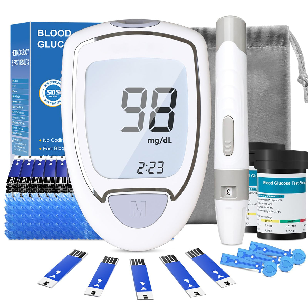 Blood Glucose Monitor Kit with 50 Test Strips & 50 Lancets P228