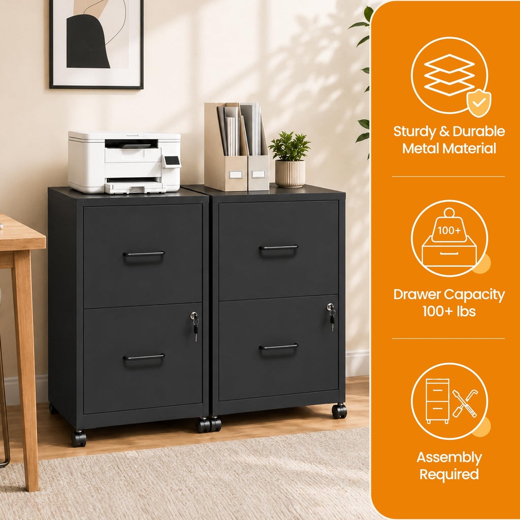 Black 2 Drawer Metal File Cabinet with Wheels and Lock P362045