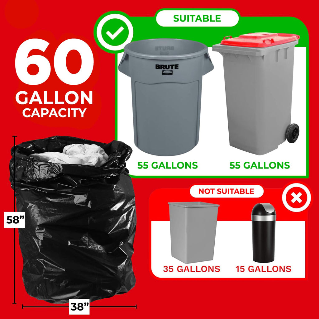 55-60 Gallon Heavy Duty Trash Bags, 50 Count, Black, 2.5 Mil N870289