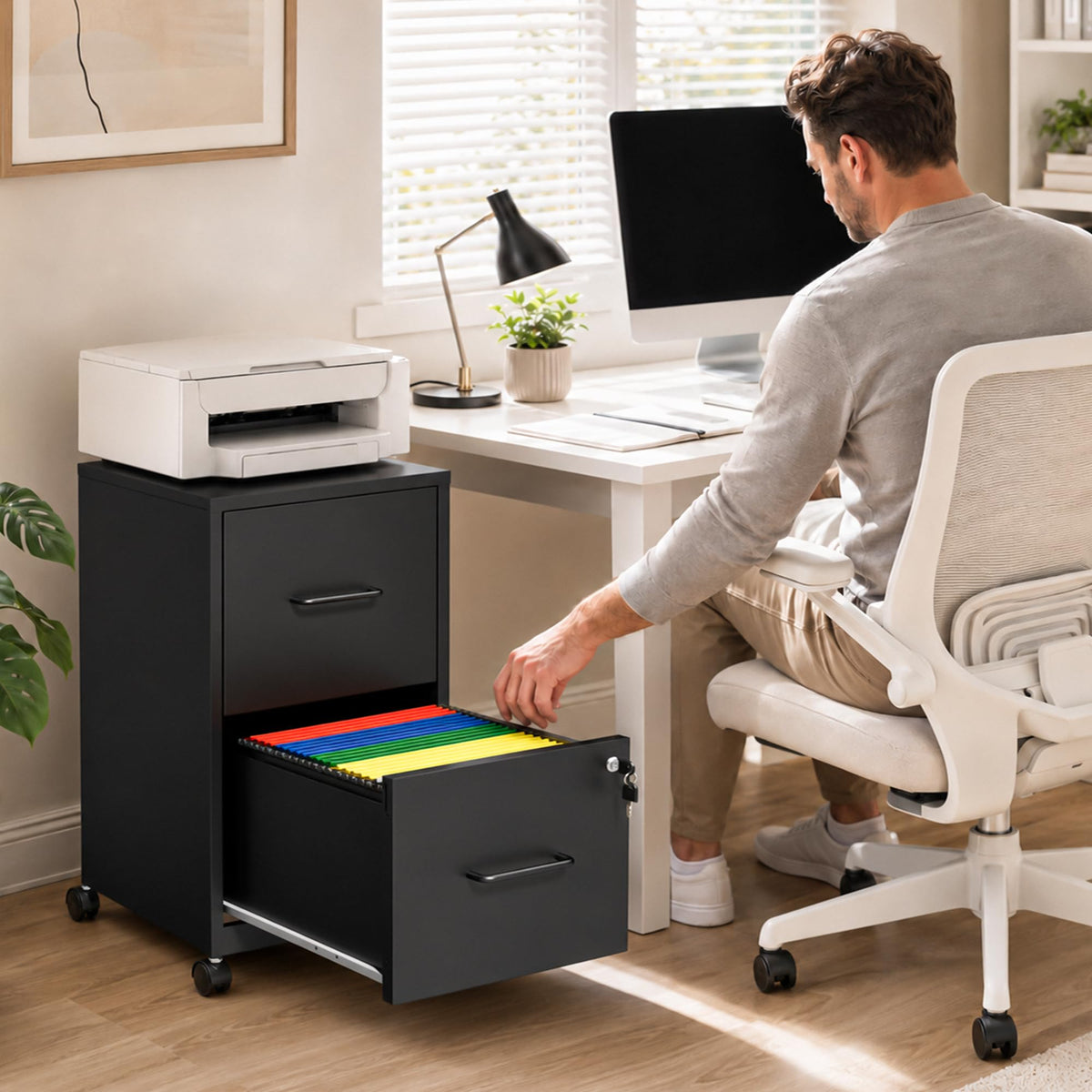 Black 2 Drawer Metal File Cabinet with Wheels and Lock P362045
