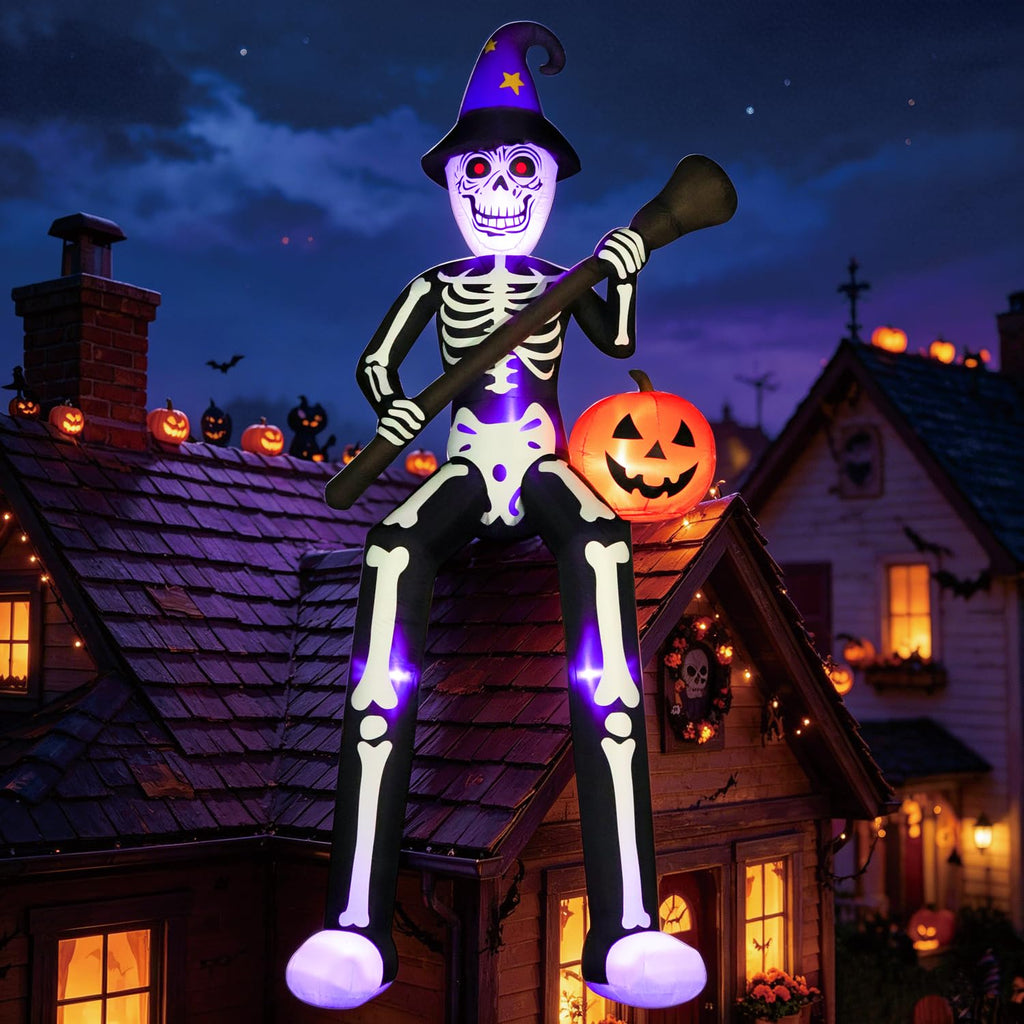 12 FT Halloween Inflatable Skeleton Wizard with Broom & Pumpkin B43903