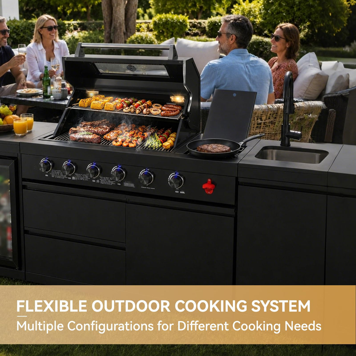 104" Modular Outdoor Kitchen Island with 4-Burner Propane Grill, Refrigerator, Sink, Storage Cabinets, and Granite Countertop W225