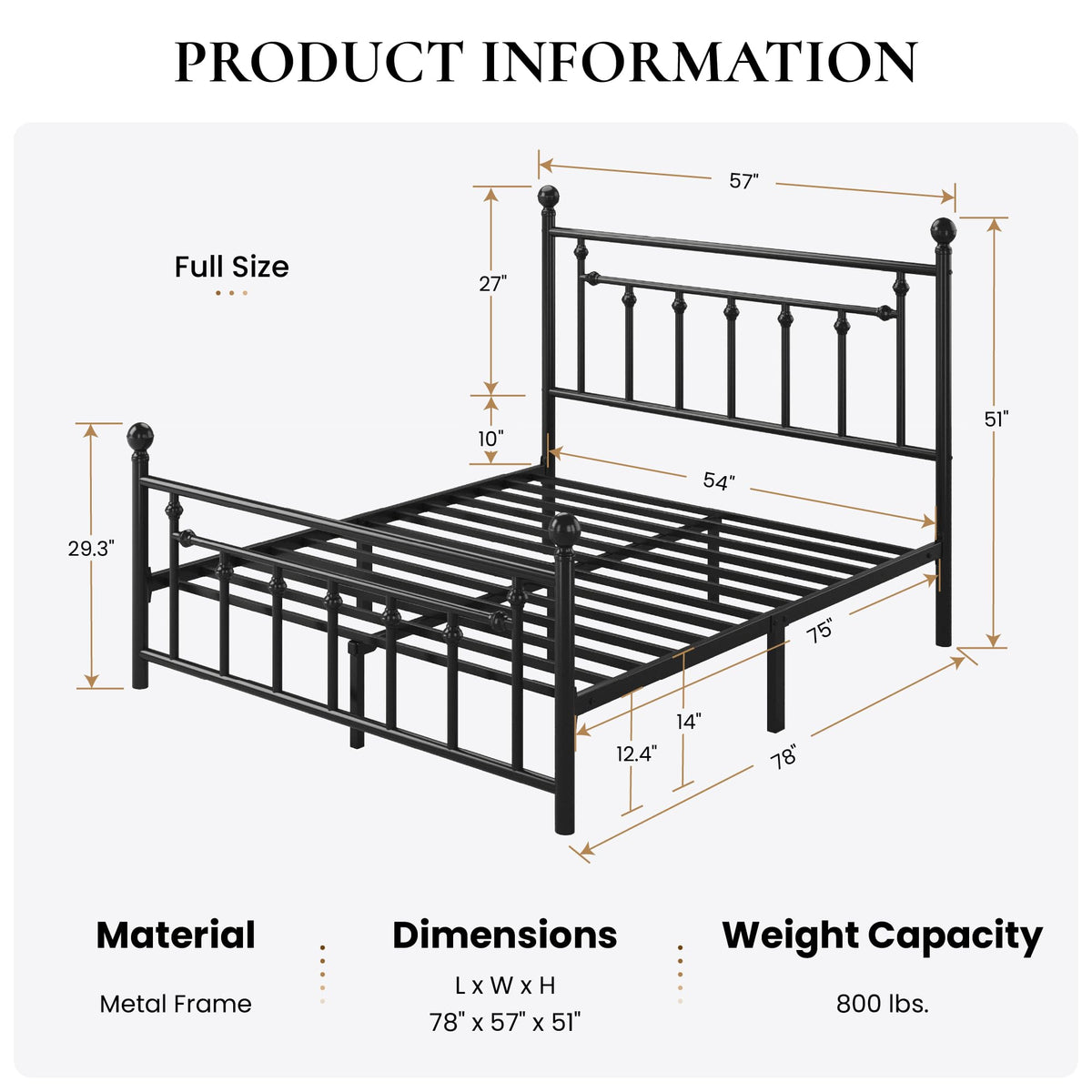 14" Full Size Black Metal Platform Bed Frame with Headboard and Footboard D8673