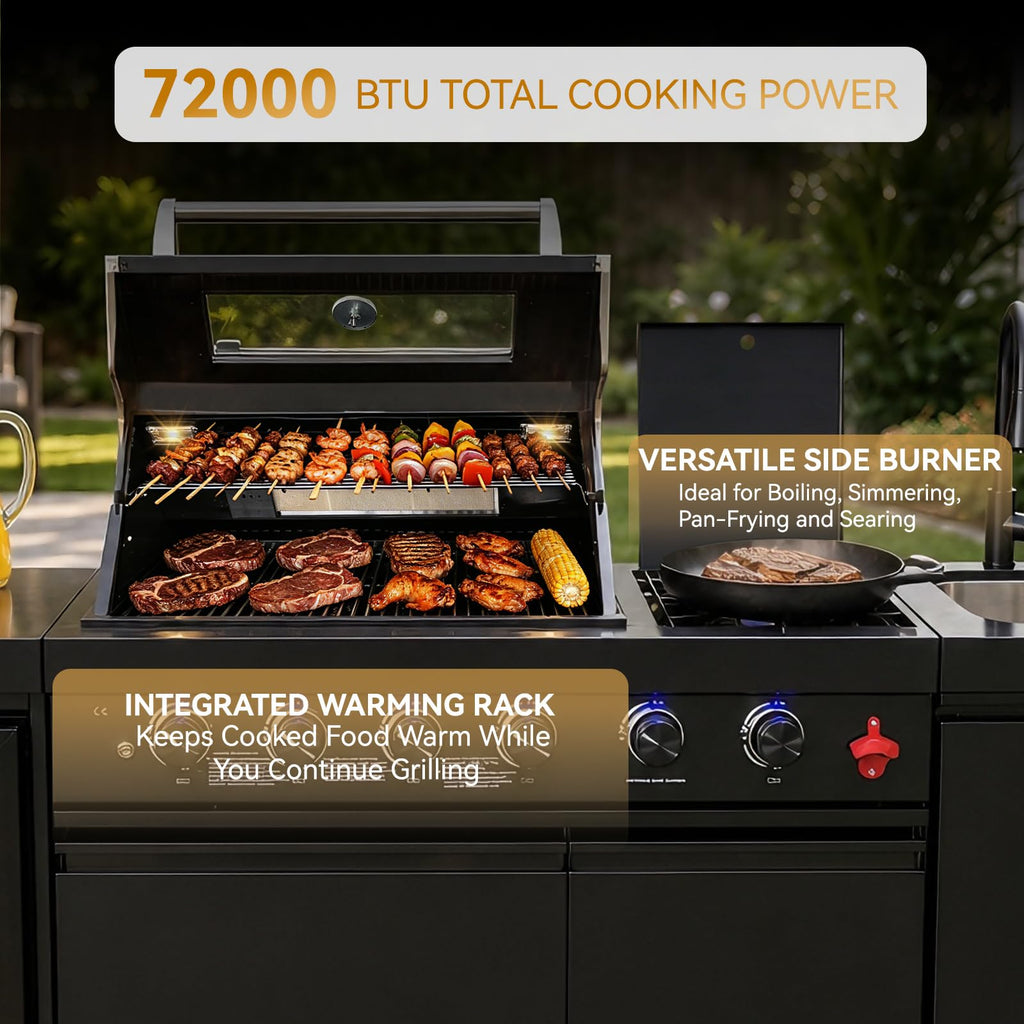 104" Modular Outdoor Kitchen Island with 4-Burner Propane Grill, Refrigerator, Sink, Storage Cabinets, and Granite Countertop W225