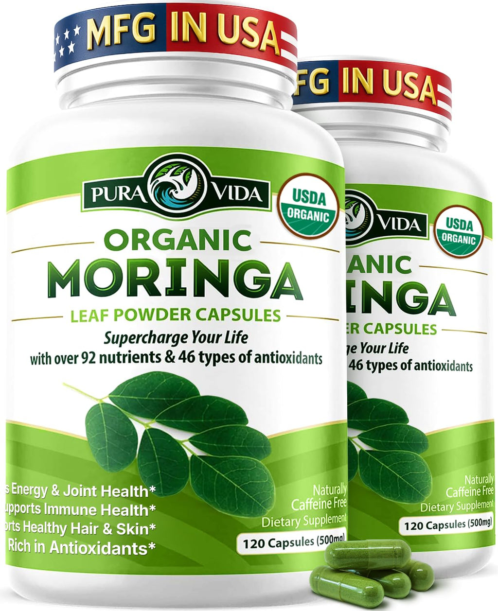 Organic Moringa Capsules 500mg 120ct Pack of 2 X1820