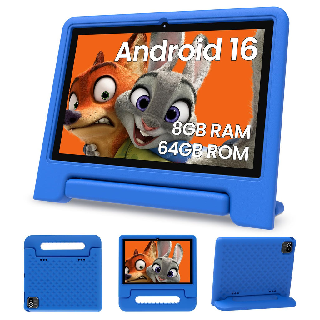 Android 16 Kids Tablet 10 Inch HD Display 8GB RAM 64GB ROM Blue F219