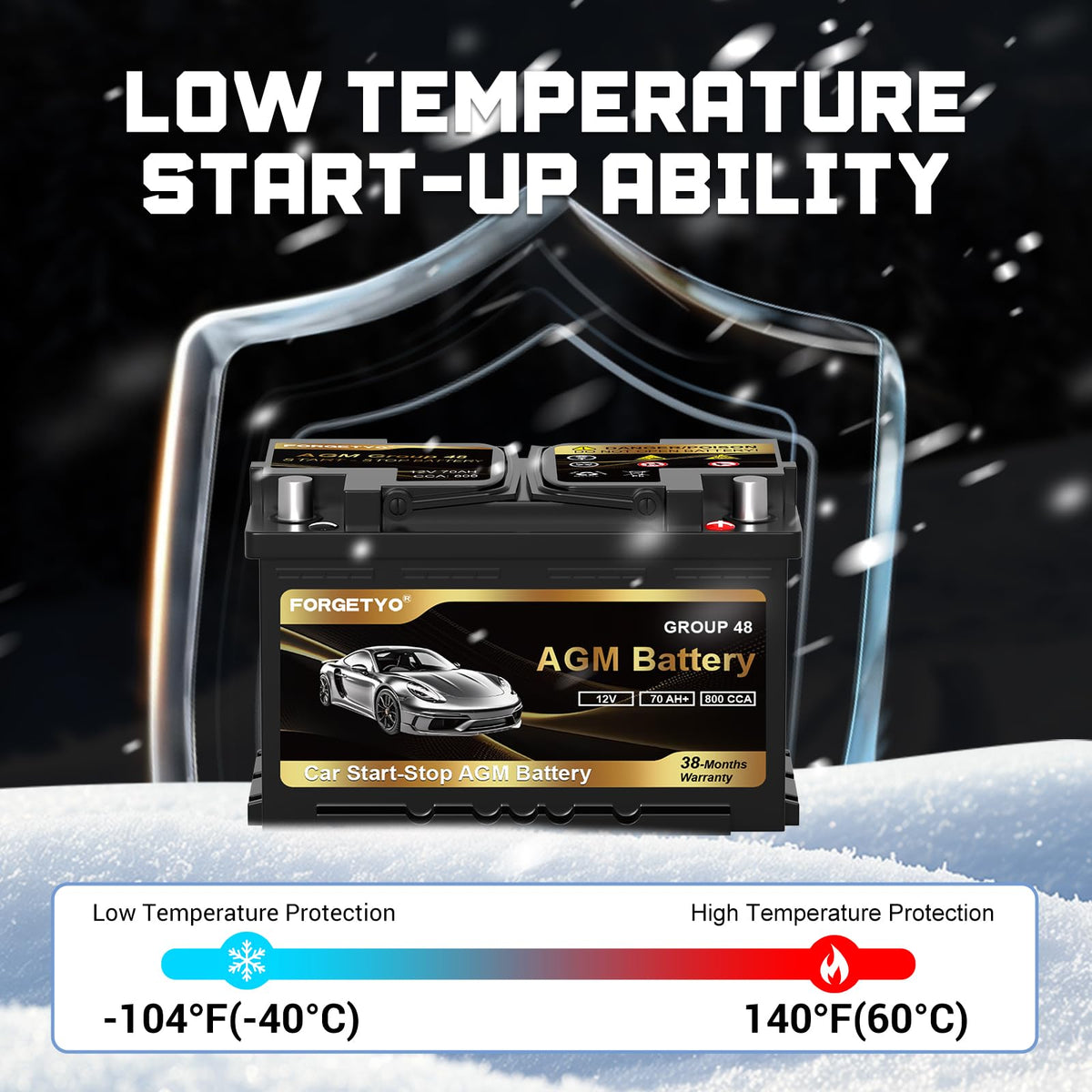 Group Size 48 AGM Car Battery, 12V 70 AH, 800 CCA E512