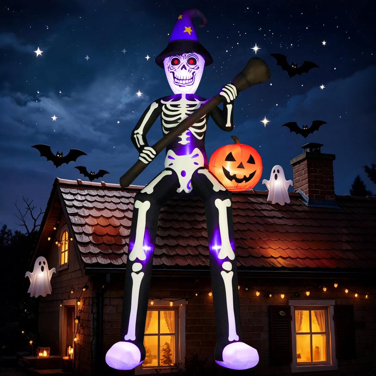 12 FT Halloween Inflatable Skeleton Wizard with Broom & Pumpkin B43903