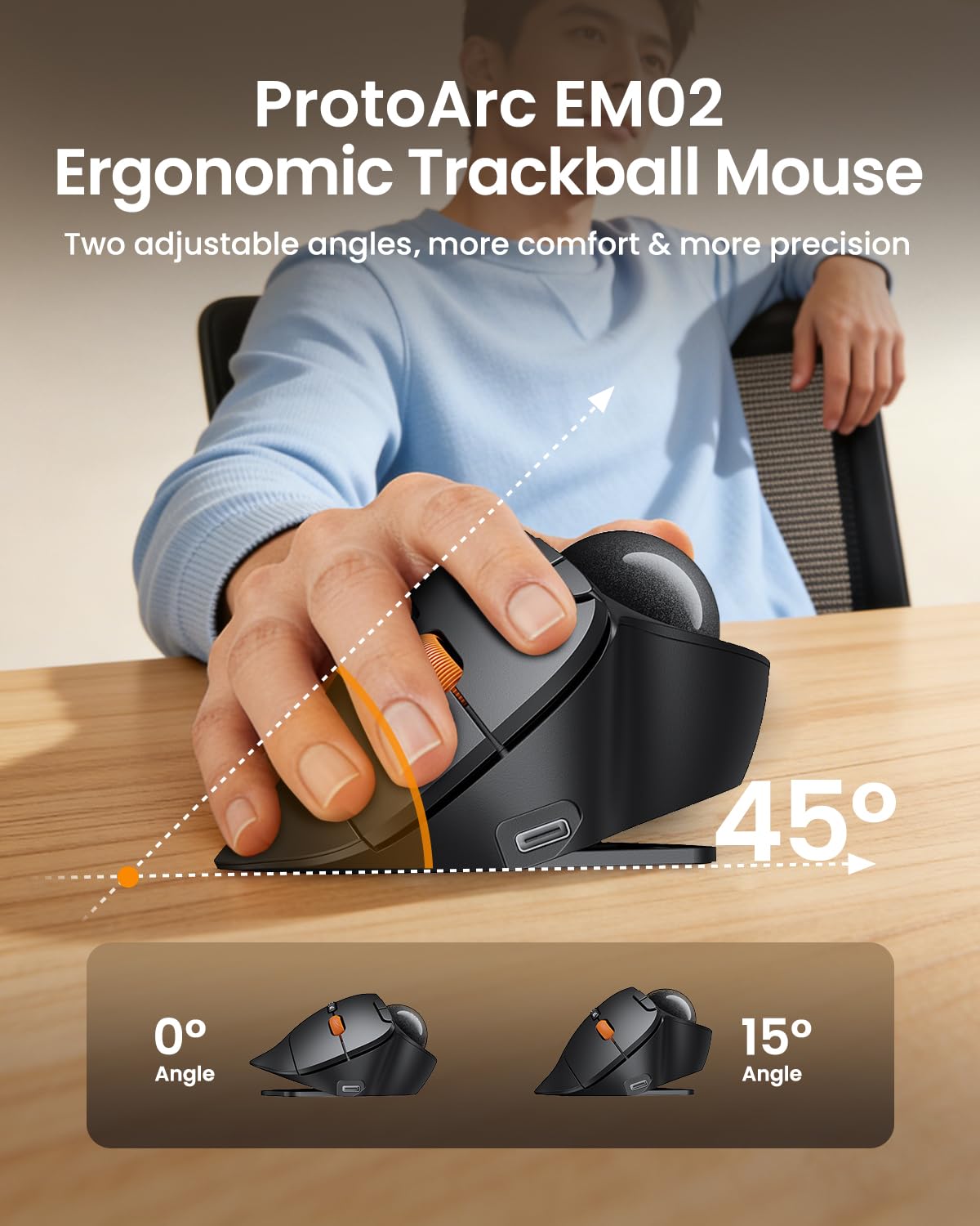 Wireless Trackball Mouse, Adjustable Angle, Gray N53796