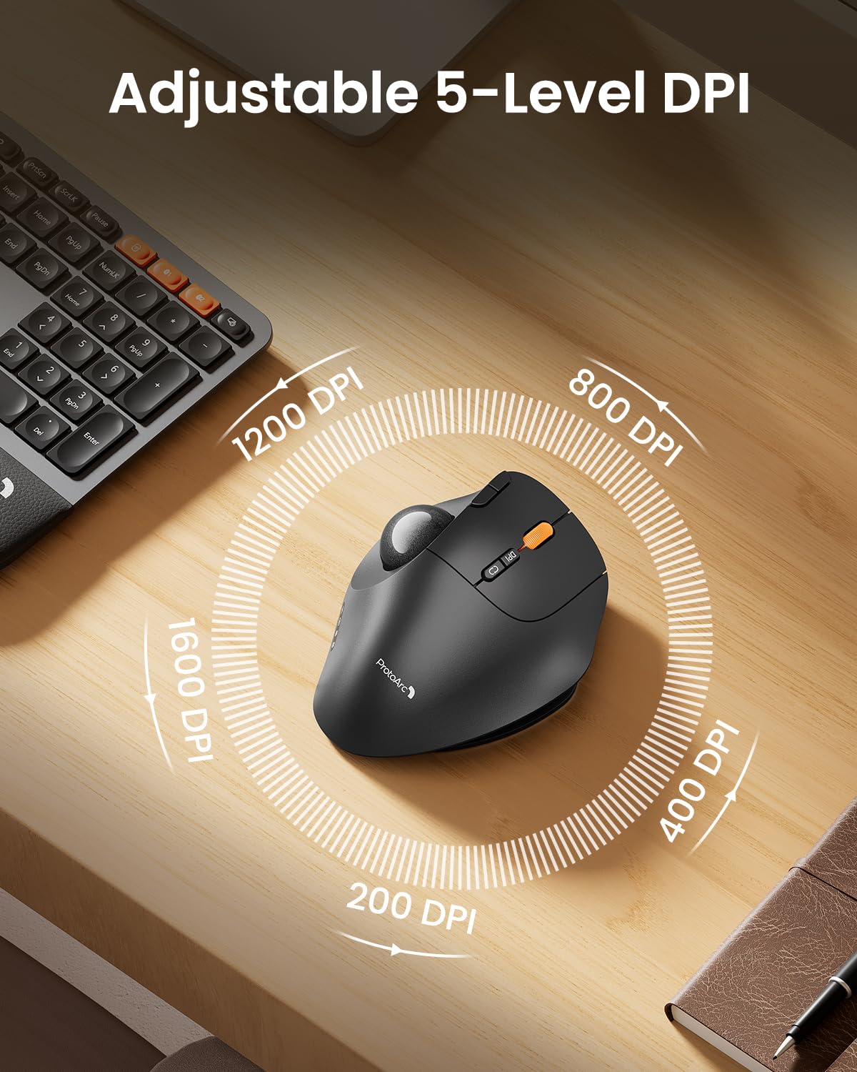 Wireless Trackball Mouse, Adjustable Angle, Gray N53796