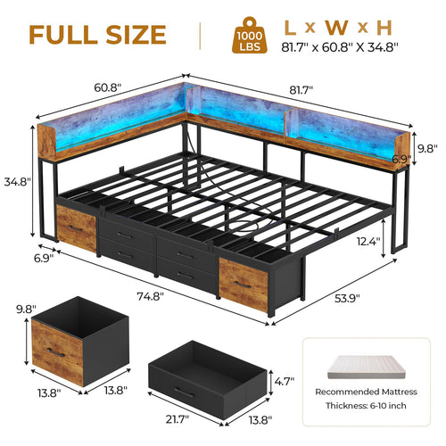 14 Inch Corner Bed Frame with Bookcase Storage, Full Daybed with 6 Drawers, Charging Station and LED Light, Black & Vintage Brown W460