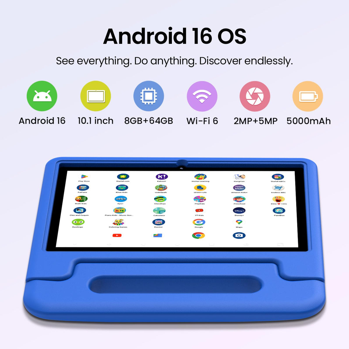 Android 16 Kids Tablet 10 Inch HD Display 8GB RAM 64GB ROM Blue F219