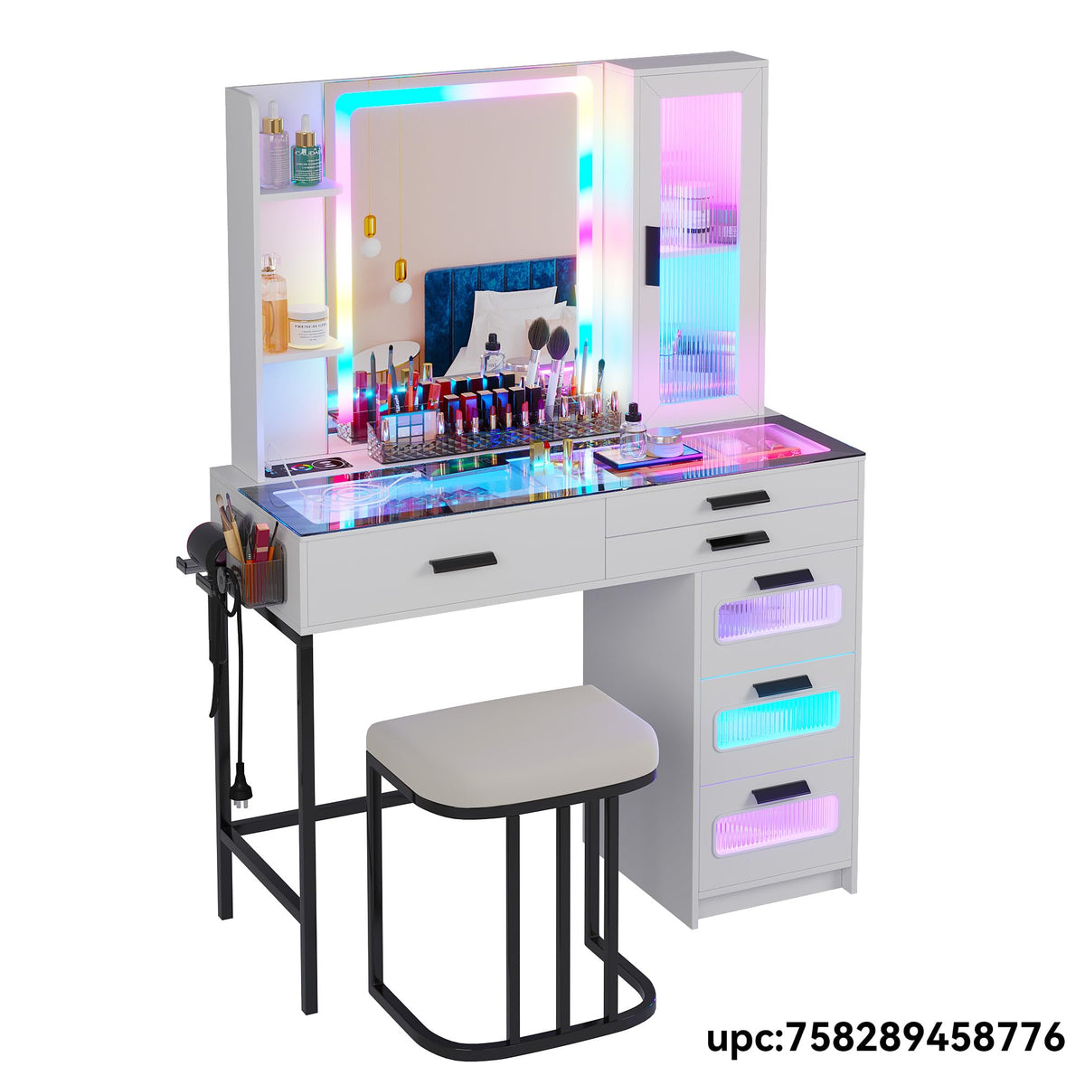 White Vanity Desk with Lighted Mirror and 6 Drawers B5634